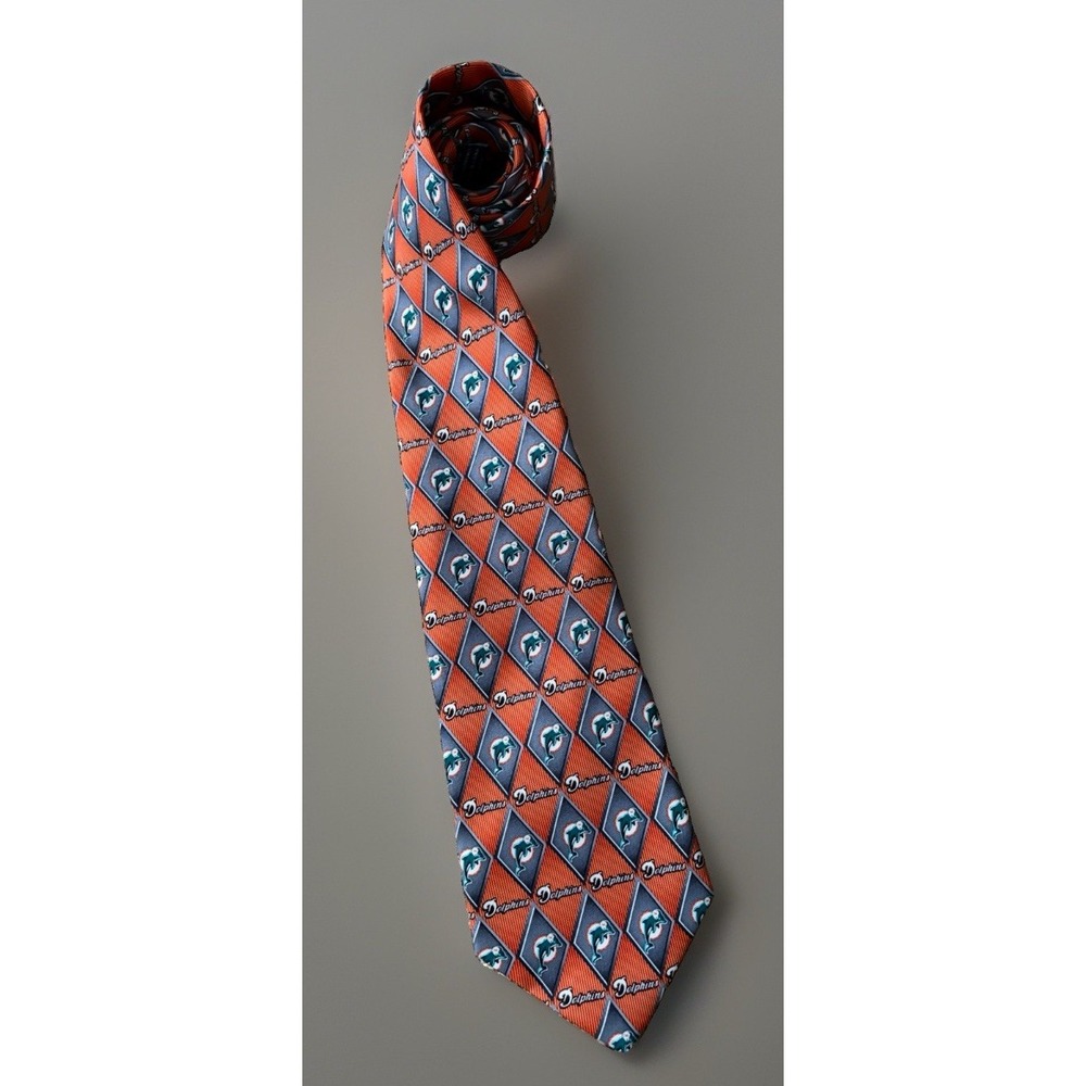 Miami Dolphins NFL Football Logo Neckwear Tie Orange Silver 100% Silk JBHS